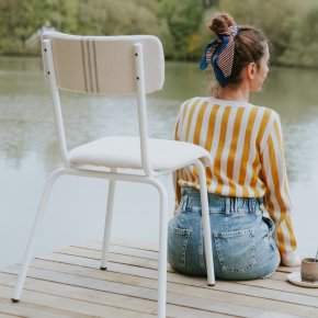 Chaise d’écolier Adulte Suzie Dossier Coton One Stripe & Assise Velours Écru - Pieds Blancs