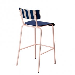 Chaise de bar Suzie 65cm - Dossier Stratifié imprimé French Riviera & Assise uni Bleu Marine - Pieds Rose Poudré